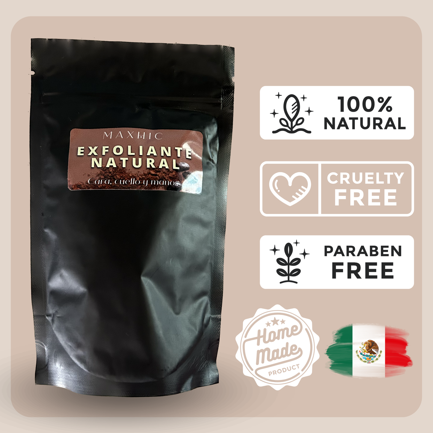 EXFOLIANTE  REAFIRMANTE. ROSTRO Y CUELLO DE CAFÉ Y CACAO. (Artesanal) - MAXHIC -